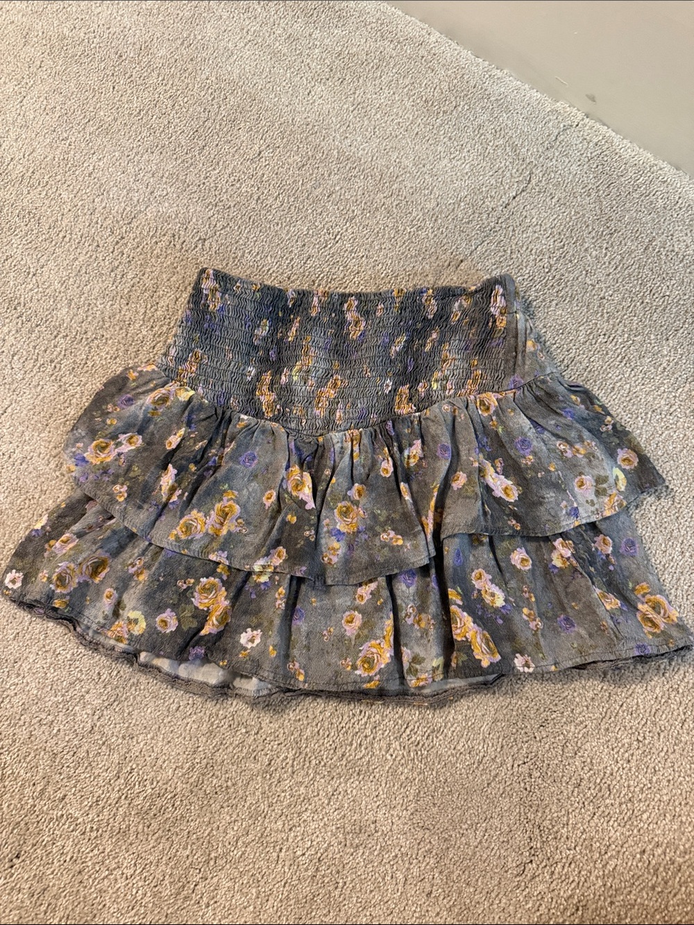 Zara Gray Floral Ruffle Mini Skirt with Yellow & Purple Flowers